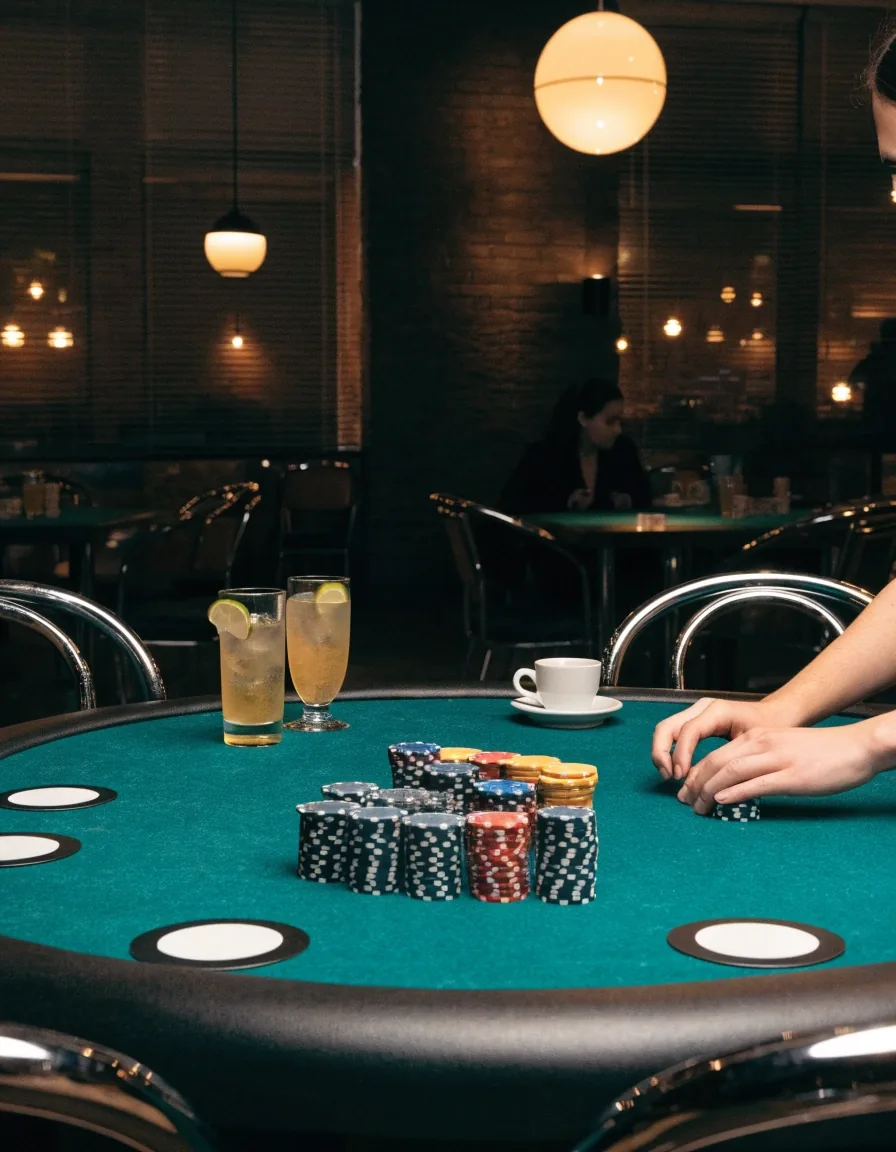 Připravený stůl s žetony v lounge kavárně před zahájením turnaje