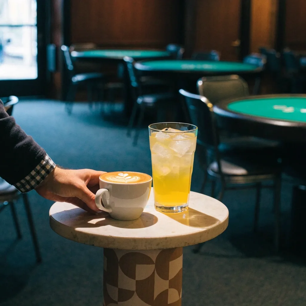 Prázdná pokerová herna s jedním rozsvíceným světlem