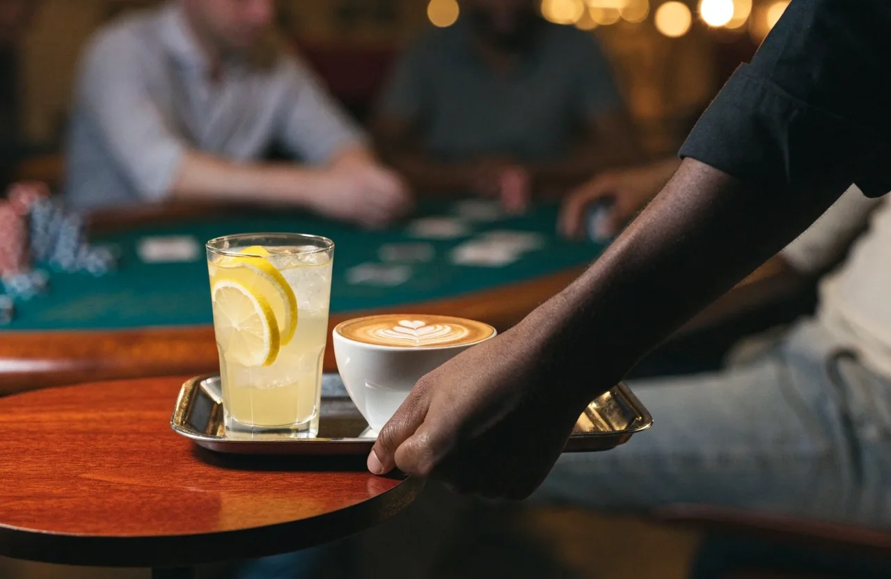 Kávový servis a nealko nápoje na okraji hracího stolu v lounge kavárně