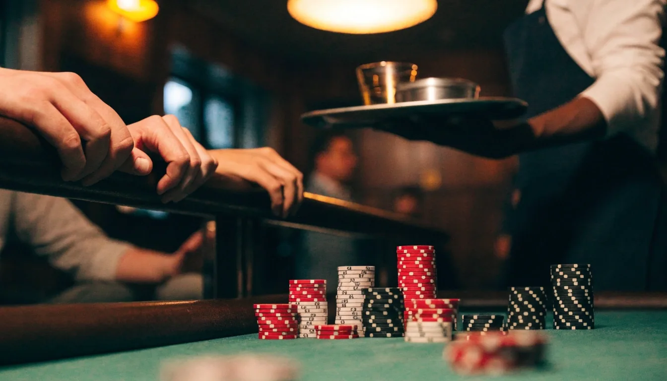 Zelené plátno pokerového stolu s rozloženými žetony při večerním turnaji v Brně-Modřicích